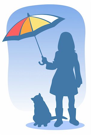 silhouette girl with umbrella - Young girl with umbrella and cat silhouettes on a blue background. Stock Photo - Budget Royalty-Free & Subscription, Code: 400-04027447