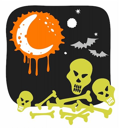 simsearch:400-04214796,k - Cartoon moon, skulls and bones on a black night background. Halloween illustration. Stockbilder - Microstock & Abonnement, Bildnummer: 400-04027450