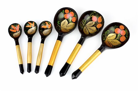 Russian souvenir. Handmade painted wooden spoons on white. Stock Photo - Budget Royalty-Free & Subscription, Code: 400-04027901