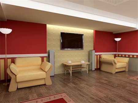 elegant tv room - Exclusive interior red drawing room 3d image Stock Photo - Budget Royalty-Free & Subscription, Code: 400-04028529