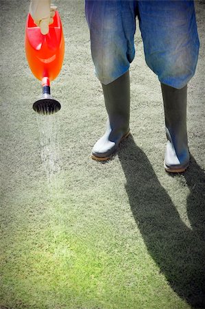 simsearch:400-04029831,k - Cropped view of person in boots watering grass with watering can Fotografie stock - Microstock e Abbonamento, Codice: 400-04029831