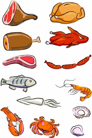 steak and shellfish - a vector illustration for a variety of meats, chicken, duck, pork, beef, lamp chop, hot-dog, fish, squire, lobster, crab, prawn, oyster, scallop, Stock Photo - Budget Royalty-Free & Subscription, Code: 400-04020322