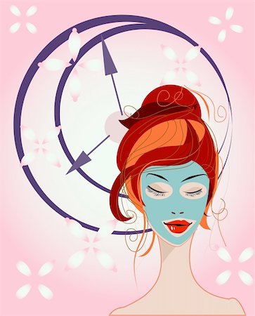 A girl wearing a mask for a beauty treatment and a clock showing time in the background Foto de stock - Super Valor sin royalties y Suscripción, Código: 400-04021144