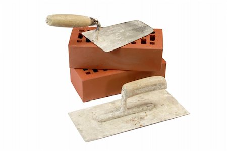 simsearch:400-04494971,k - Two old trowels and red bricks - isolated on white background Stock Photo - Budget Royalty-Free & Subscription, Code: 400-04021402