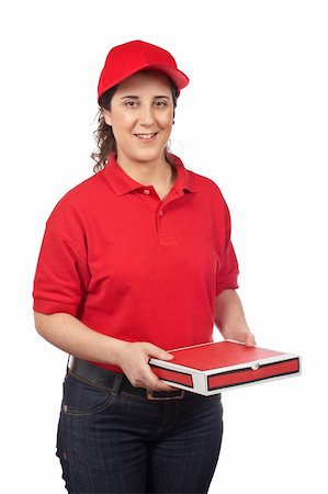 simsearch:600-06679311,k - A pizza delivery woman holding a hot pizza. Isolated on white Photographie de stock - Aubaine LD & Abonnement, Code: 400-04021545