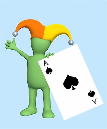 simsearch:400-06200072,k - 3d joker - puppet, holding in a hand of a black ace. Objects over blue Stock Photo - Budget Royalty-Free & Subscription, Code: 400-04022053