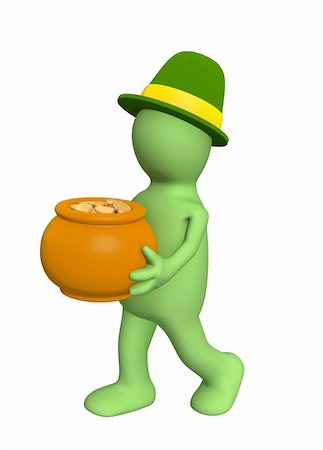 simsearch:400-06570489,k - 3d puppet - leprechaun, carrying pot with gold coins. Objects over white Stock Photo - Budget Royalty-Free & Subscription, Code: 400-04022857