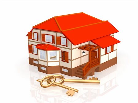 simsearch:400-04285690,k - Two gold keys, laying near to a cottage. Objects over white Stock Photo - Budget Royalty-Free & Subscription, Code: 400-04022964