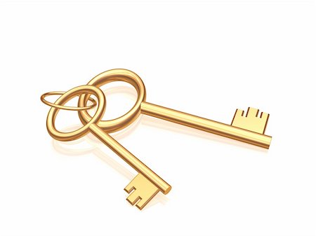 simsearch:400-04285690,k - Two gold keys on a glossy white background. Objects over white Stock Photo - Budget Royalty-Free & Subscription, Code: 400-04022965