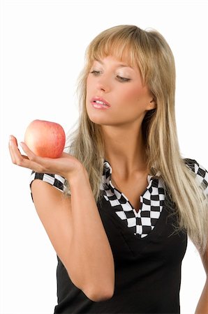 portrait photo teenage girl long blonde hair'''' - nice blond girl with a red apple in her hand and a black and white checked dress Stock Photo - Budget Royalty-Free & Subscription, Code: 400-04023787