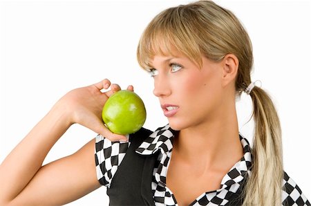 portrait photo teenage girl long blonde hair'''' - cute blond girl with a light green eyes looking away and keeping a green apple Stock Photo - Budget Royalty-Free & Subscription, Code: 400-04023800