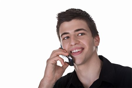 simsearch:400-04643781,k - Close-up portrait of a handsome young man, talking on the phone. Isolated on white. Studio shot. Foto de stock - Super Valor sin royalties y Suscripción, Código: 400-04034942