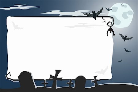 Vector Halloween illustration of a scary night cemetery with full moon and bats Stock Photo - Budget Royalty-Free & Subscription, Code: 400-04035765