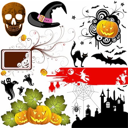 Big Halloween collection with bat, pumpkin, witch, ghost, element for design, vector illustration Stock Photo - Budget Royalty-Free & Subscription, Code: 400-04036493