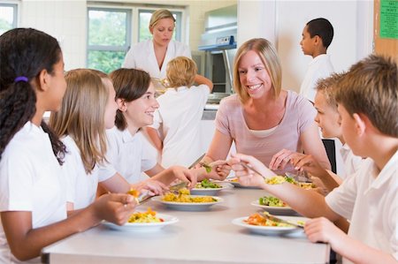Teacher and schoolchildren enjoying their lunch in a school cafe Stock Photo - Budget Royalty-Free & Subscription, Code: 400-04036581