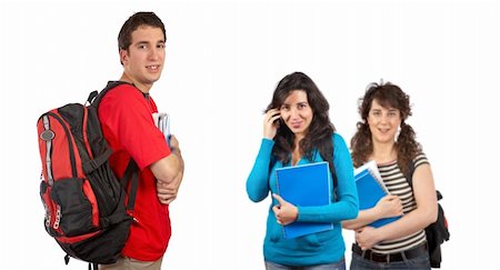 simsearch:400-04477480,k - Three students with books and backpacks over a white background. Focus at front Photographie de stock - Aubaine LD & Abonnement, Code: 400-04039030