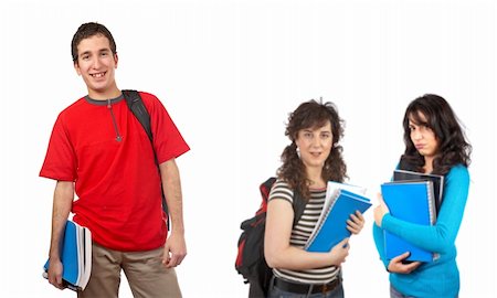 simsearch:400-04477480,k - Three students with books and backpacks over a white background. Focus at front Photographie de stock - Aubaine LD & Abonnement, Code: 400-04039148