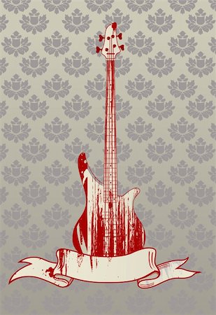 rock music clip art - Vector illustration of grungy bass guitar on glamour floral background Foto de stock - Super Valor sin royalties y Suscripción, Código: 400-04039241