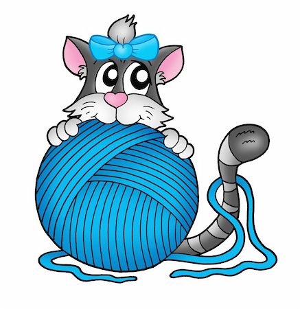 Gray cat with blue skein - color illustration. Stock Photo - Budget Royalty-Free & Subscription, Code: 400-04030015