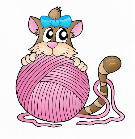 Cat with pink skein - color illustration. Stock Photo - Budget Royalty-Free & Subscription, Code: 400-04030017