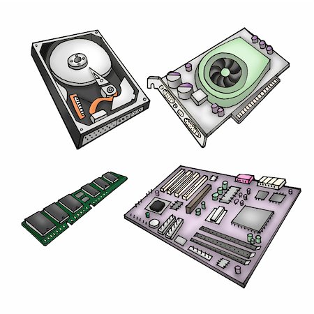 simsearch:400-04916699,k - Color illustration of computer parts - harddrive, graphics card, memory module, motherboard. Photographie de stock - Aubaine LD & Abonnement, Code: 400-04030025