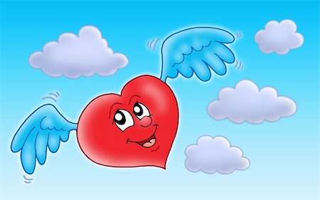 simsearch:400-04235844,k - Flying heart on blue sky - color illustration. Photographie de stock - Aubaine LD & Abonnement, Code: 400-04030052
