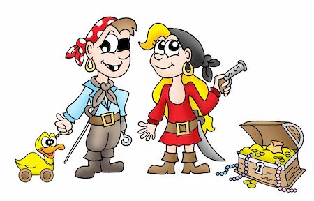 simsearch:400-06091829,k - Pirate kids with duck and treasure - color illustration. Fotografie stock - Microstock e Abbonamento, Codice: 400-04030099