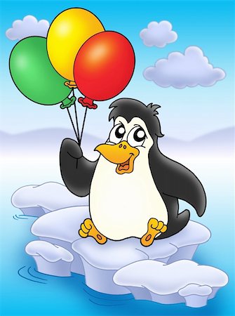 penguins swimming - Penguin with balloons on iceberg - color illustration. Stock Photo - Budget Royalty-Free & Subscription, Code: 400-04030092