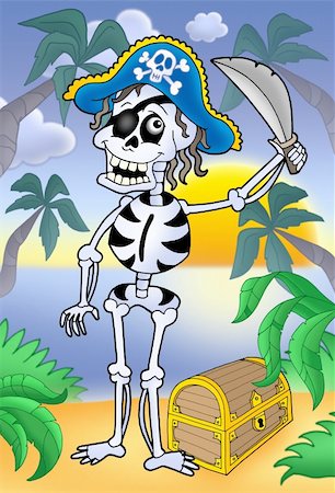 simsearch:400-04030107,k - Pirate skeleton with sabre and treasure - color illustration. Photographie de stock - Aubaine LD & Abonnement, Code: 400-04030104