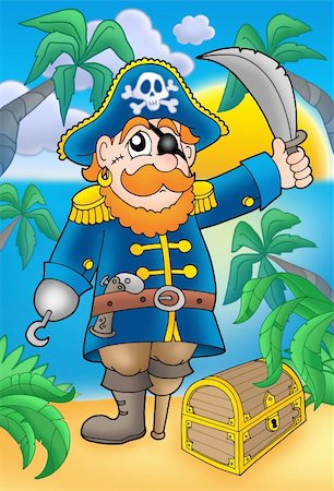 simsearch:400-06091827,k - Pirate with sabre and treasure chest - color illustration. Foto de stock - Royalty-Free Super Valor e Assinatura, Número: 400-04030106