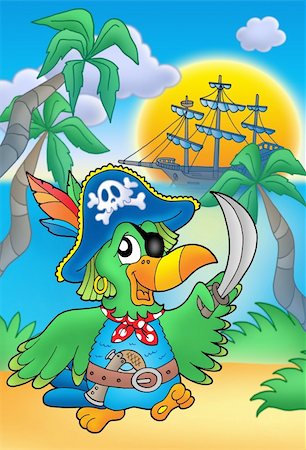 sandy hook - Pirate parrot with boat - color illustration. Stock Photo - Budget Royalty-Free & Subscription, Code: 400-04030103