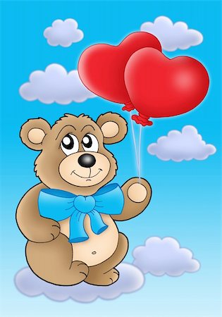 simsearch:400-04030040,k - Teddy bear with heart balloons on blue sky - color illustration. Photographie de stock - Aubaine LD & Abonnement, Code: 400-04030134