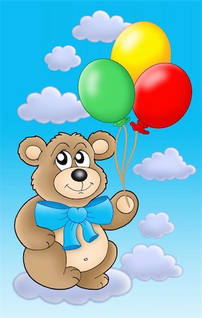 simsearch:400-04030040,k - Teddy bear with color balloons on blue skye - color illustration. Photographie de stock - Aubaine LD & Abonnement, Code: 400-04030132