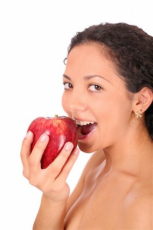 dead_morozzzka (artist) - A woman eats red apple, standing on white background. Photographie de stock - Aubaine LD & Abonnement, Code: 400-04030221