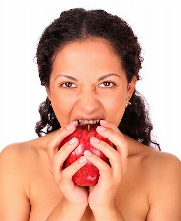 simsearch:693-06021794,k - A woman holds an apple in her hands and eats it, standing on white background. Stock Photo - Budget Royalty-Free & Subscription, Code: 400-04030222