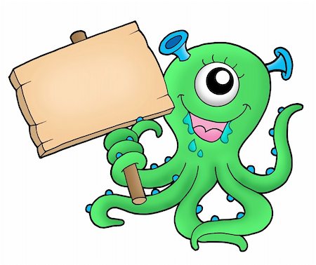 simsearch:400-06091348,k - Cute monster with wooden sign - color illustration. Photographie de stock - Aubaine LD & Abonnement, Code: 400-04030448