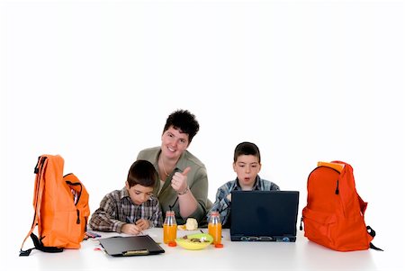 school food bag - two young boys doing together studying and homework with the support of the mother Stock Photo - Budget Royalty-Free & Subscription, Code: 400-04031020