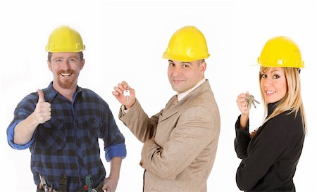 smiling industrial workers group photo - architect, businessman with keys and construction worker Stock Photo - Budget Royalty-Free & Subscription, Code: 400-04031150