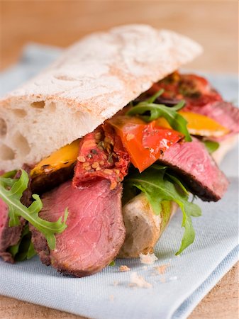 simsearch:400-04031652,k - Close up of Sirloin Steak and Roasted Pepper Ciabatta Sandwich Stock Photo - Budget Royalty-Free & Subscription, Code: 400-04031503