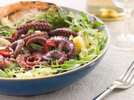 simsearch:400-04031652,k - Bowl of Baby Octopus Salad with Frisse Roquette and Chargrilled Bread Stock Photo - Budget Royalty-Free & Subscription, Code: 400-04031563
