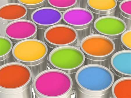 falling paint bucket - Multi-coloured paints in metal banks Photographie de stock - Aubaine LD & Abonnement, Code: 400-04032342
