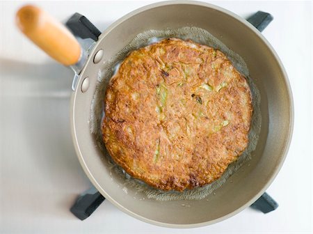 Overhead shot of Savoury Pancake Cooking in a Japanese Frying Pan Stock Photo - Budget Royalty-Free & Subscription, Code: 400-04033397
