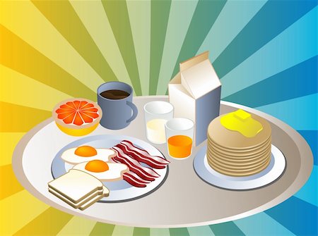 eggs milk - Complete breakfast with bacon pancakes coffee milk Stock Photo - Budget Royalty-Free & Subscription, Code: 400-04049993