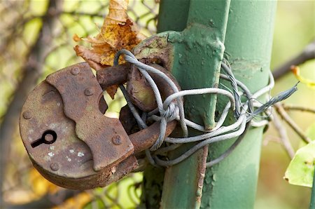 old rusty padlock hanging on the fence Foto de stock - Super Valor sin royalties y Suscripción, Código: 400-04041874