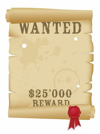 Wanted poster with bullet holes and wax seal Stock Photo - Budget Royalty-Free & Subscription, Code: 400-04054080