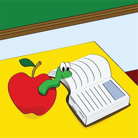 Cartoon illustration of a worm peeking out of an apple and reading a book in a classroom Stock Photo - Budget Royalty-Free & Subscription, Code: 400-04054698