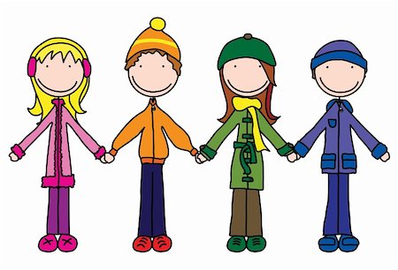 fall friends group - Illustration of four kids holding hands Stock Photo - Budget Royalty-Free & Subscription, Code: 400-04056423