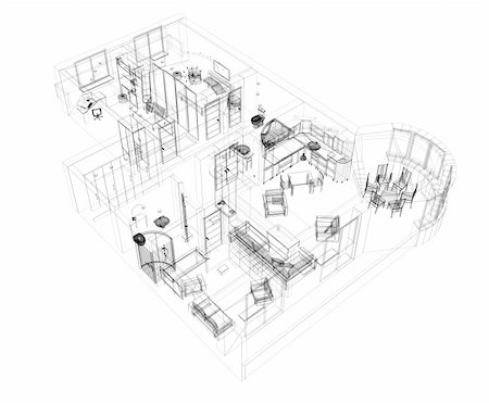 simsearch:400-07033344,k - 3d sketch of a four-room apartment. Object over white Foto de stock - Royalty-Free Super Valor e Assinatura, Número: 400-04057396