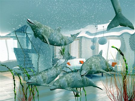 group of dolphins swimming in modern interior (3D) Stock Photo - Budget Royalty-Free & Subscription, Code: 400-04057628