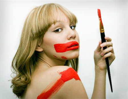 drawing girls body - pretty girl with red lips and brush (photo) Stock Photo - Budget Royalty-Free & Subscription, Code: 400-04059751